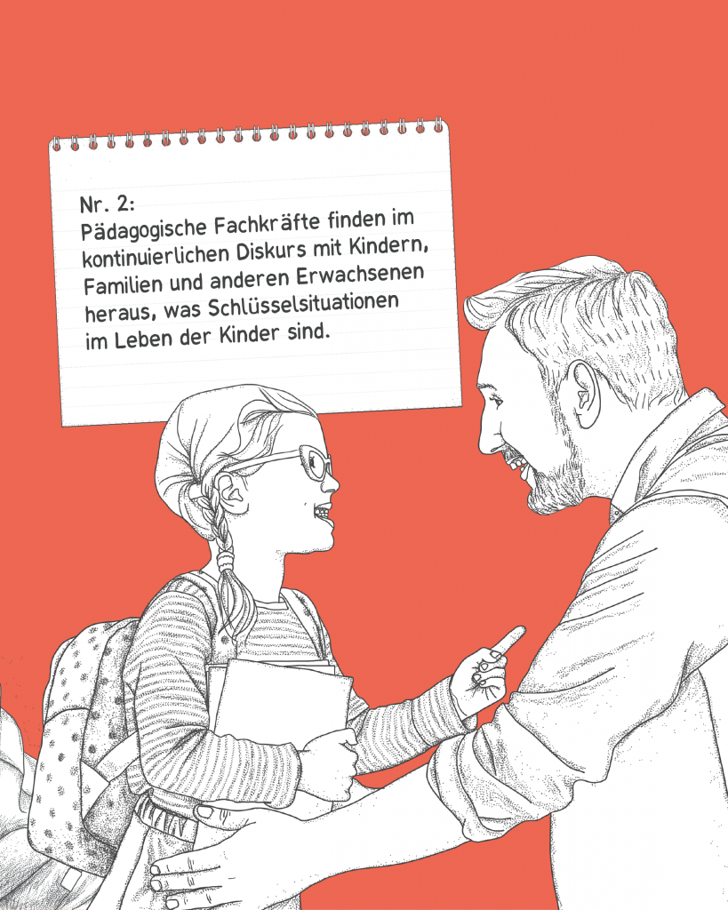 Nr. 2: Pädagogische Fachkräfte finden im kontinuierlichen Diskurs mit Kindern, Familien und anderen Erwachsenen heraus, was Schlüsselsituationen im Leben der Kinder sind.