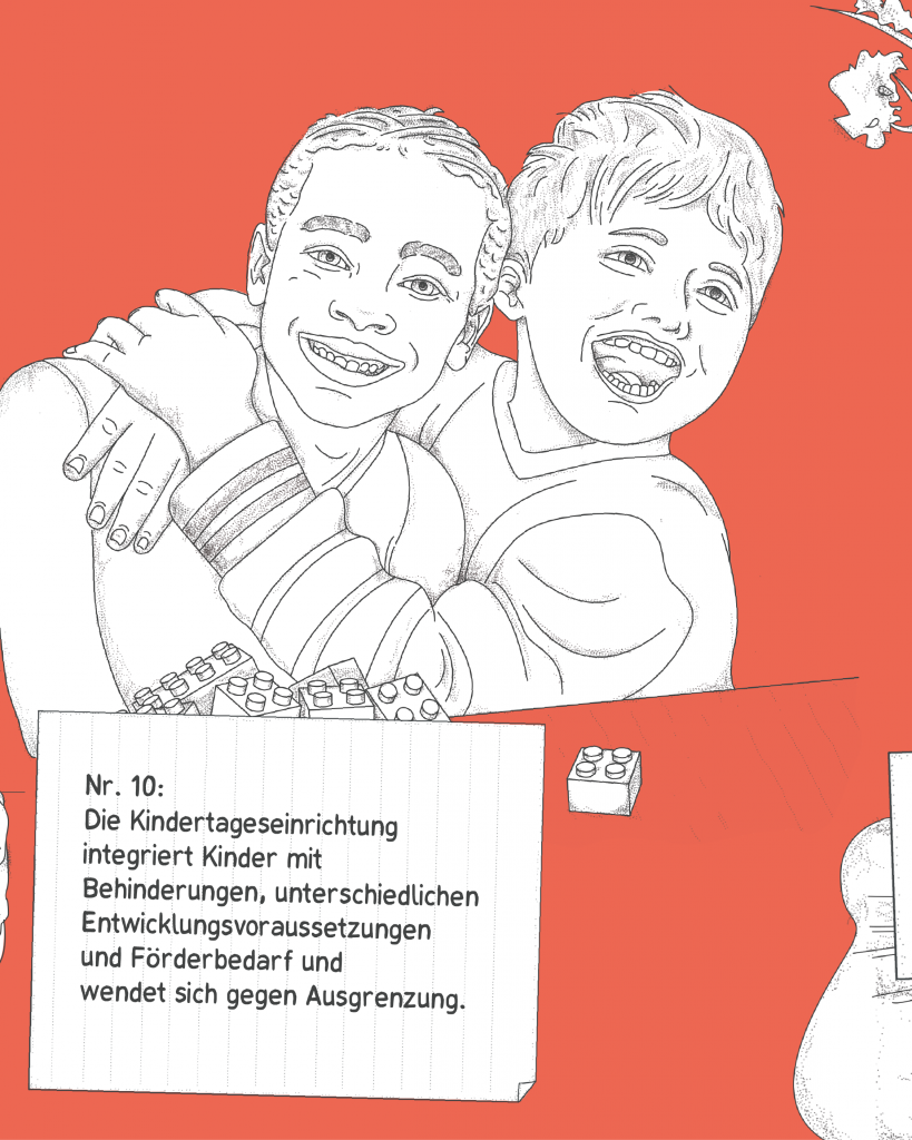 Nr. 10: Die Kindertageseinrichtung integriert Kinder mit Behinderungen, unterschiedlichen Entwicklungsvoraussetzungen und Förderbedarf und wendet sich gegen Ausgrenzung.