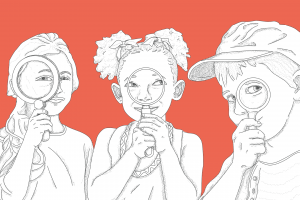 Illustration von 3 Kindern, die durch Lupen blicken