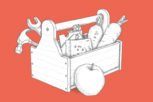 Illustration eines Werkzeug-Koffers gefüllt mit Obst und Gemüse
