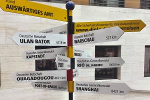 Viele Wegweiser, die zu verschiedenen Städten auf der Welt zeigen